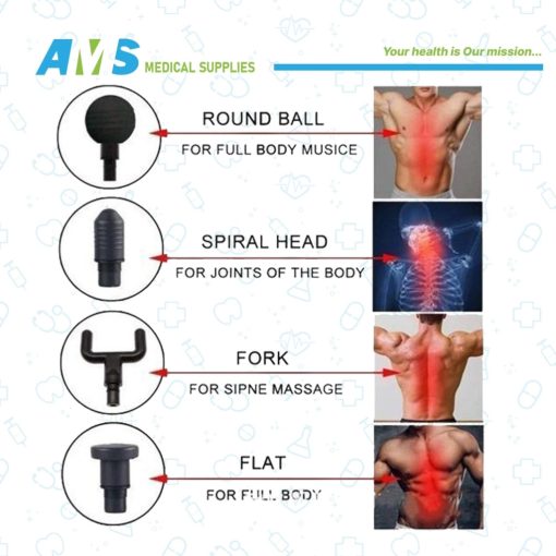 Professzionális hordozható masszázs pisztoly, Állítható intenzitású USB-ről tölthető, Négy masszázsfejjel