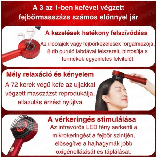 Vörösfény-terápiás Fejbőrmasszírozó masszázskefe infravörös fénnyel USB-s elektromos fejbőrmasszázs kefe, 3 személyre szabott masszázsmód, Infravörös LED terápia, Fejbőr masszázs és hidratáló kefe, Csökkenti a haj